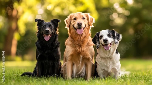 Three happy dogs in a park
