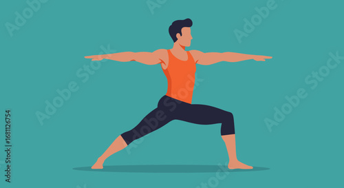 Man practicing yoga in warrior ii pose demonstrating strength flexibility and balance on a teal background