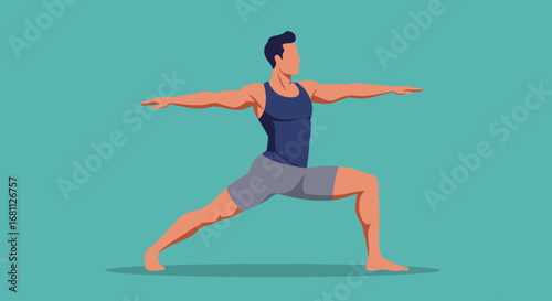 Man practicing yoga warrior pose virabhadrasana ii on a teal background with flat design style