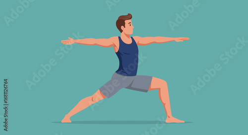 Fit athletic man in athletic wear practicing yoga warrior two pose on a teal background