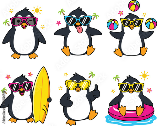 Cartoon penguins in summer beach outfits, playful character bundle with sunglasses, surfboards, pool floats, and cheerful tropical vacation vibes