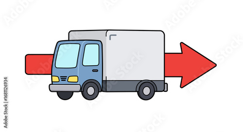 Cartoon illustration of a blue and white delivery truck with a large red arrow indicating forward movement and direction