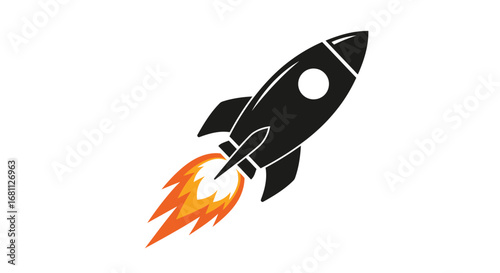 Stylized black silhouette of a retro rocket ship blasting off with fiery orange exhaust against a white background