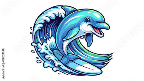 Dolphin Surfing the Wave: A delightful cartoon depiction of a playful dolphin catching a wave, capturing the thrill of aquatic adventure.