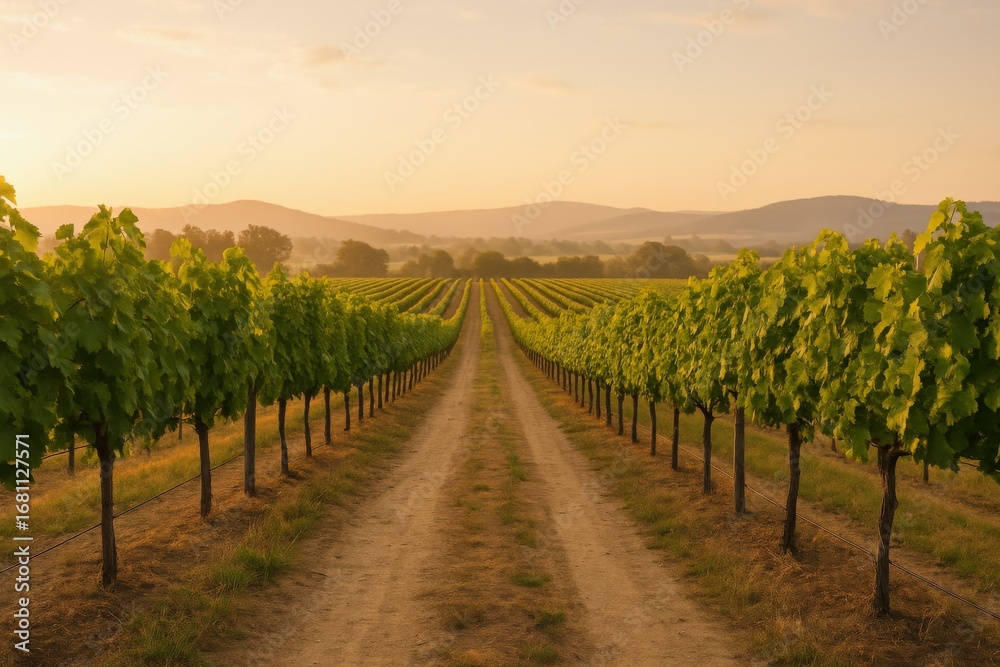 Fototapeta premium Scenic Vineyard Landscape at Sunset: Rows of Grape Vines in a Rural Setting