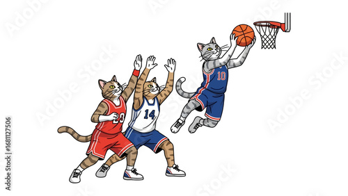 Basketball Cats: a playful, dynamic image featuring three anthropomorphic cats locked in a heated basketball game. A visual feast for sports and animal lovers alike. 