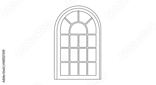 Architectural drawing of a gothic arched window with detailed tracery and mullions in a classic style