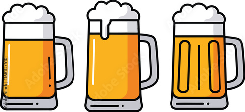 Three cartoon beer mugs filled with golden liquid and white foam on a white background isolated art