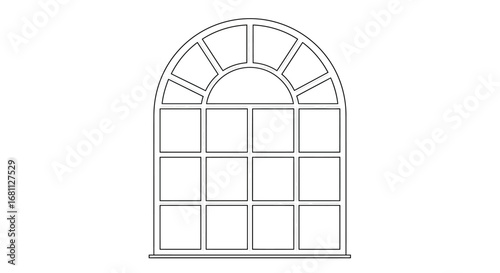 Architectural drawing of a tall arched window with multiple panes and detailed mullions