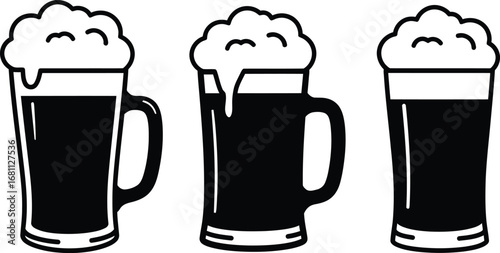 Three beer glasses with foam in a row isolated on white background in a minimalist style design