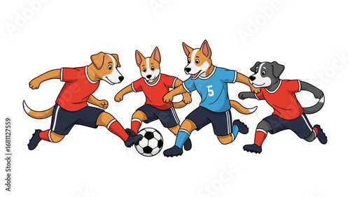 Canine Champions: A dynamic illustration captures the spirited action of a dog soccer match, depicting four canines intensely focused on the game. It's a celebration of athleticism, sportsmanship.