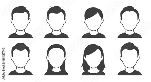 Collection of diverse anonymous male and female avatars with simple black and white line art style