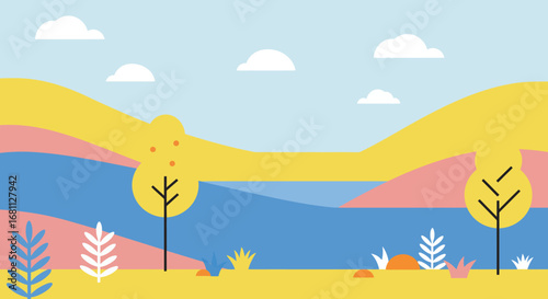 Stylized landscape with rolling hills a river trees and fluffy clouds under a blue sky