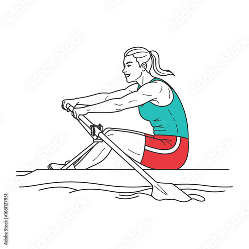 Rowing Athlete in Action: A determined female athlete engages in the dynamic act of rowing, her form and determination captured in a vividly detailed illustration.