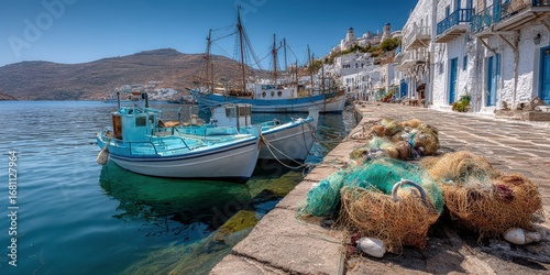 Picturesque Harbor Scene with Fishing Boats and Nets in a Traditional Greek Village