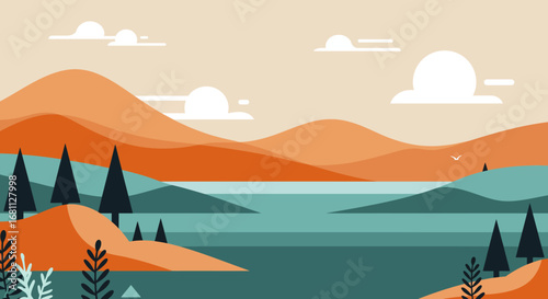 Serene landscape with rolling orange hills calm blue water and dark green pine trees under a soft sky