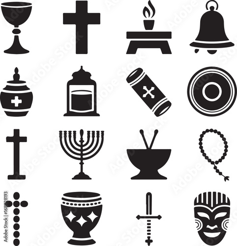 Religious symbols and icons including chalice cross menorah and prayer beads Keywords: religion