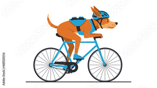 Canine Cyclist: An energetic and focused canine pedals on a bicycle, fully geared up with a helmet and backpack, capturing the spirit of outdoor adventure and active lifestyle.