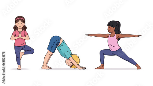 Kids Yoga Poses: A vibrant illustration showcases children gracefully demonstrating various yoga poses, promoting flexibility, mindfulness, and well-being in a colorful and inviting style.