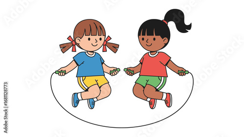Friendship in Motion: Two animated girls skipping rope together, radiating youthful energy, joy, and the beauty of playful moments.
