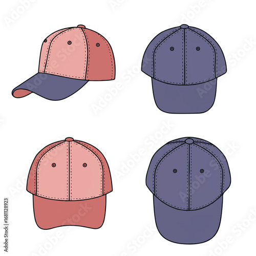 A clean flat 2D vector illustration showcases two baseball caps, one in a front view and another in a top-down view, rendered with soft pastel colors and precise outlines on a white background.