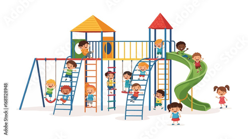 Playground Delight: A vibrant illustration of a bustling playground scene, filled with children of diverse backgrounds joyfully playing and engaging in various activities.