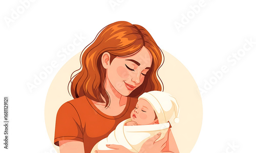 Mother's Gentle Embrace, A heartwarming scene of a mother cradling her newborn child, a tender moment captured with soft colors and a sense of serene affection.