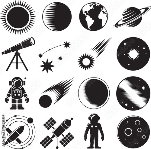 Set of space and astronomy related icons in silhouette form Keywords: space, astronomy, science