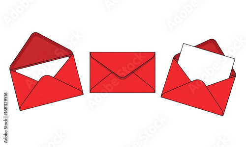 Crimson Correspondence Set, Captivating illustration of a set of elegant, scarlet envelopes; one sealed, and two showcasing the delicate unfolding of a communication.