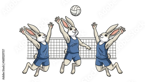 Volleyball Bunnies: Three energetic bunnies enthusiastically engage in a competitive volleyball match, spiking the ball with joyful teamwork and playful athleticism.