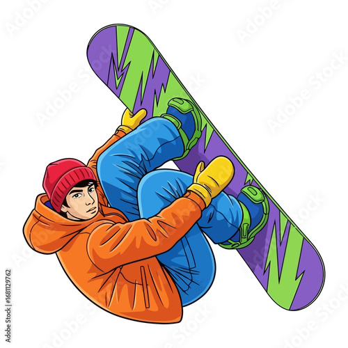 Snowboarder in Action: A vibrant illustration depicts a snowboarder executing a dynamic trick, showcasing skill, style, and the thrill of winter sports. 