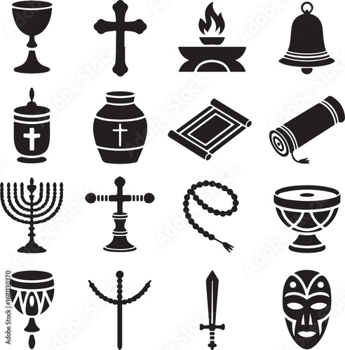 Religious and cultural symbols icons set Cross, chalice, bell, scroll, menorah Keywords