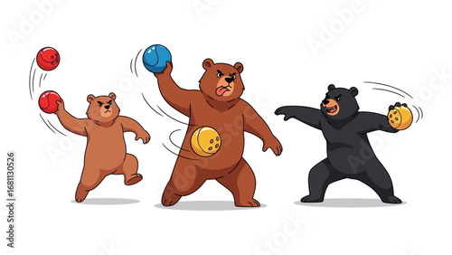 Juggling Bears' Playtime: Delightful illustration of three cartoon bears in a playful game of juggling, embodying humor and lightheartedness. 