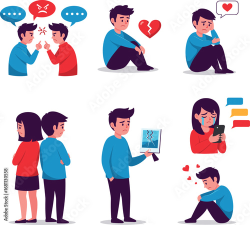 Relationship emotion cartoon illustrations, breakup and communication stress vector set for wellness, education, stock use, and awareness campaigns