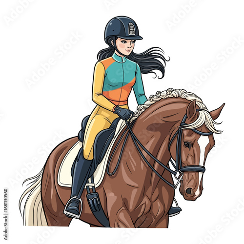 Equestrian Elegance: A young equestrian gracefully rides a majestic horse in a dynamic and artistic illustration, embodying skill and the bond between horse and rider. 