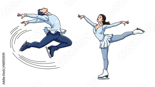 Figure Skating Performance: A dynamic illustration of a male and female figure skater, gracefully demonstrating elegant maneuvers and athletic prowess. A celebration of artistry and skill.