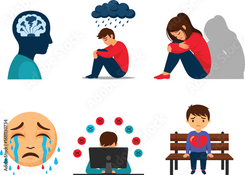 Sadness and depression cartoon illustrations, emotional mental health vector set for awareness, education, therapy, stock use, social campaigns