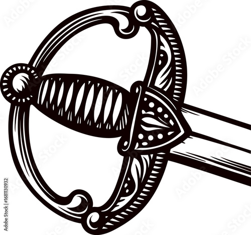 Intricately drawn antique rapier sword with detailed hilt and ornate guard in vintage engraving illustration