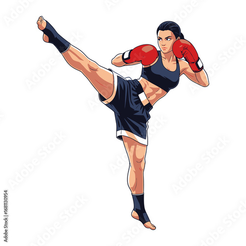 Dynamic Strike: A strong woman in full motion, kicks with precision. The image captures the energy and strength.