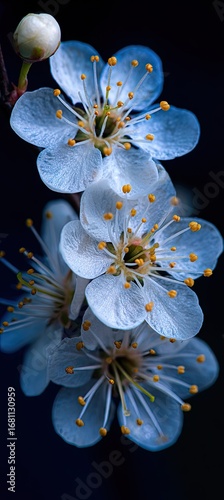 Delicate, light-blue blossoms against a dark backdrop