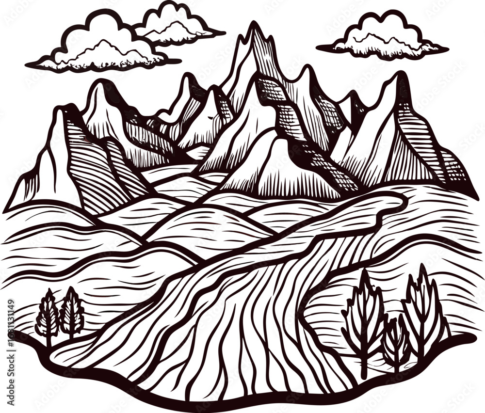 Fototapeta premium Hand drawn mountain landscape with river and trees in vintage engraved illustration