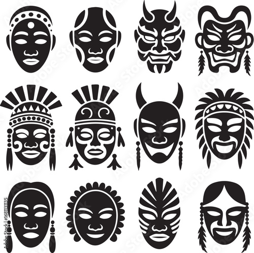 Collection of Tribal and Cultural Mask Silhouettes from Around the World Keywords: mask, tribal