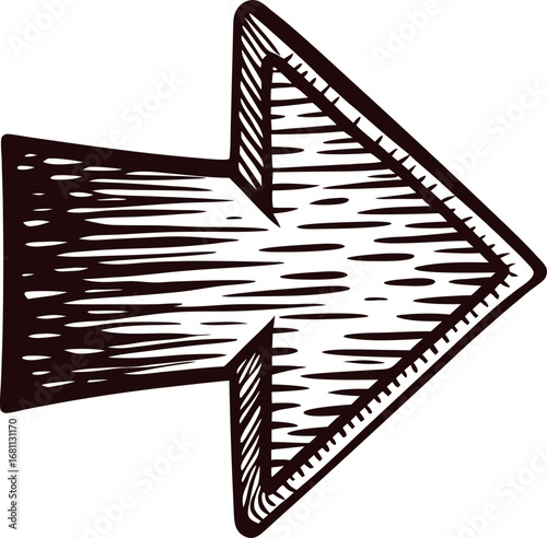 Hand drawn sketch of right facing arrow with engraved lines and textured woodcut illustration