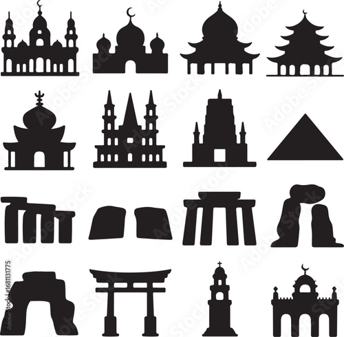 Silhouettes of Famous World Landmarks and Religious Buildings architecture religion