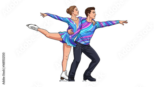 Graceful Glide: A dynamic pair, gliding across the icy expanse, embodies grace and artistry in a vibrant performance. Their synchronized movements speak volumes of dedication and harmony. 