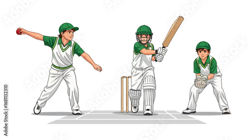 Cricket Action: A vibrant illustration showcasing the dynamic essence of cricket, depicting a bowler, batsman, and wicket-keeper in action, embodying the energy and competitive spirit of the sport.