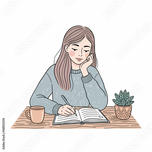 Young Woman Journaling Cozy Illustration