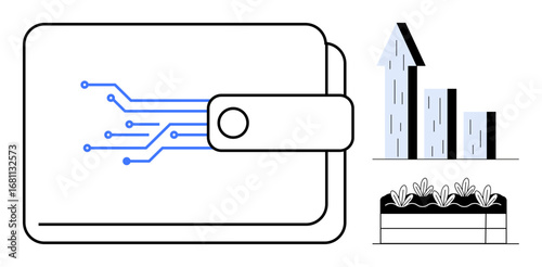 Digital wallet with circuit design, rising bar chart symbolizing growth, and garden bed representing sustainability. Ideal for finance, technology, progress, innovation, eco-tech, digital economy
