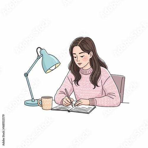 Young Woman Journaling Cozy Illustration