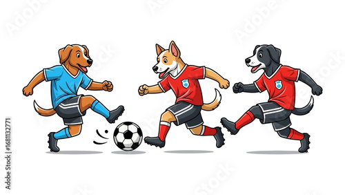 Dynamic Dog Soccer: A spirited illustration captures three energetic dogs engaged in a soccer match, demonstrating teamwork, athleticism, and the joy of the game with cartoonish flair.